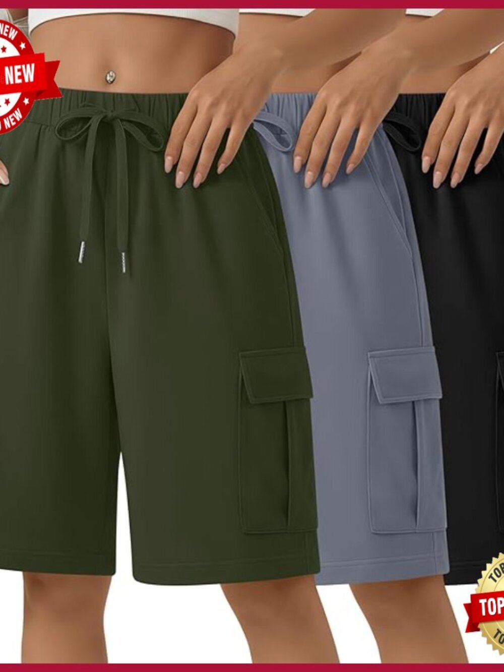 3 Pack Women's Bermuda Cargo Wide Leg Knee Length Sweat Shorts Drawstring Pocket